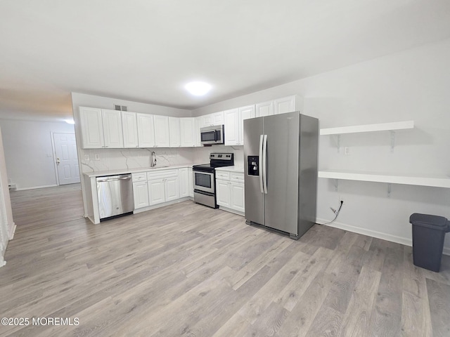 kitchen with sink, light hardwood / wood-style flooring, appliances with stainless steel finishes, white cabinets, and decorative backsplash