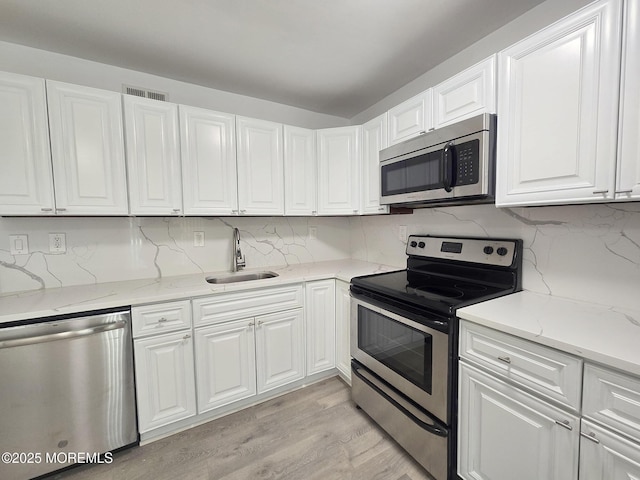 kitchen featuring stainless steel appliances, sink, white cabinets, and light hardwood / wood-style flooring