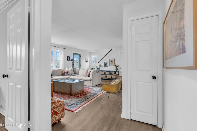 living room with light hardwood / wood-style flooring