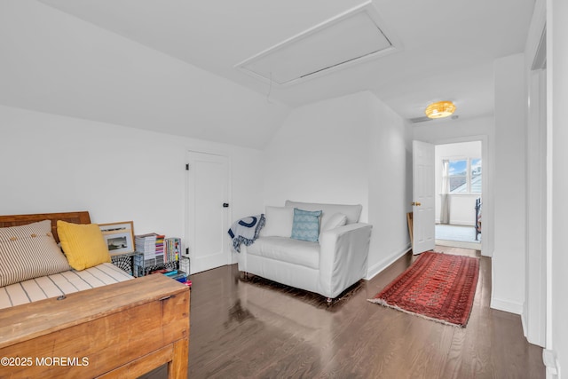 bedroom with lofted ceiling and dark wood-type flooring