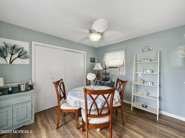 dining area featuring cooling unit, dark wood-type flooring, and ceiling fan