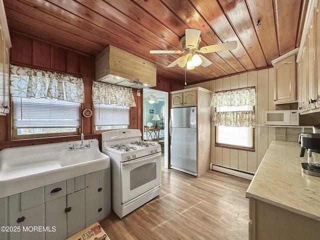 kitchen featuring sink, wood ceiling, white appliances, light hardwood / wood-style flooring, and baseboard heating