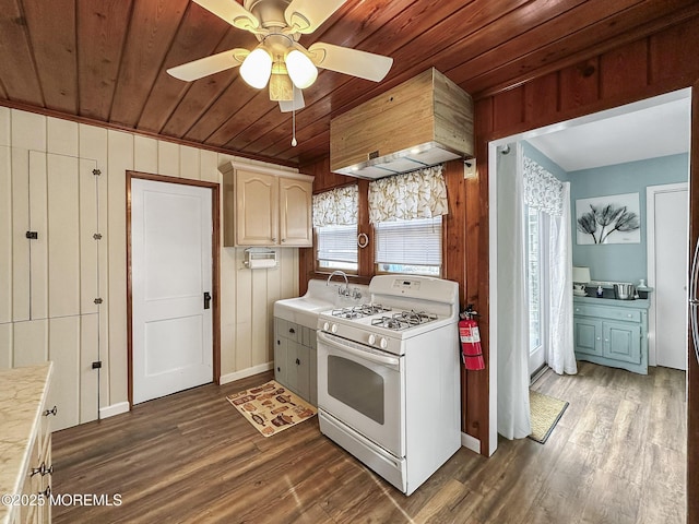 kitchen with sink, white range with gas stovetop, wood ceiling, tile counters, and dark hardwood / wood-style flooring