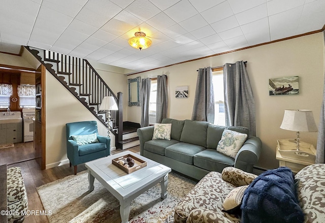 living room featuring crown molding, sink, hardwood / wood-style flooring, and baseboard heating