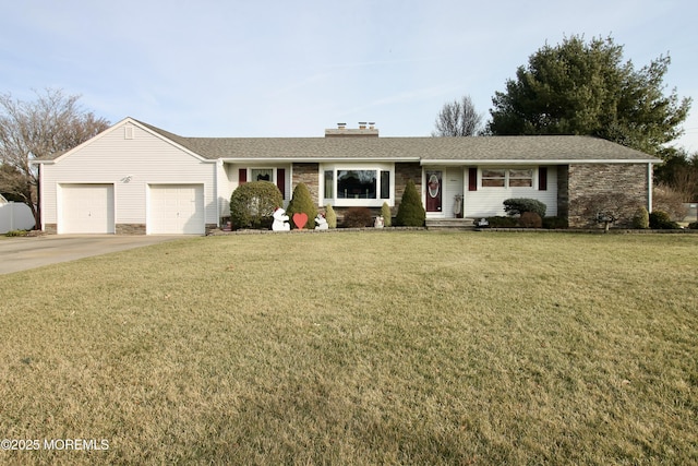 ranch-style home with a garage and a front yard