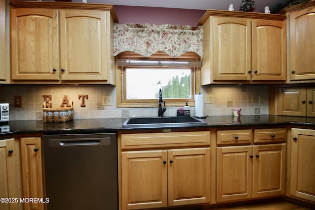 kitchen featuring dishwashing machine, sink, and backsplash