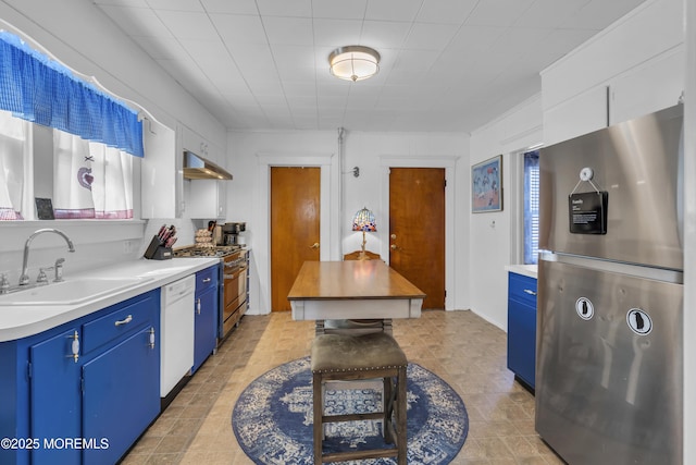 kitchen with white cabinetry, stainless steel appliances, blue cabinets, and sink