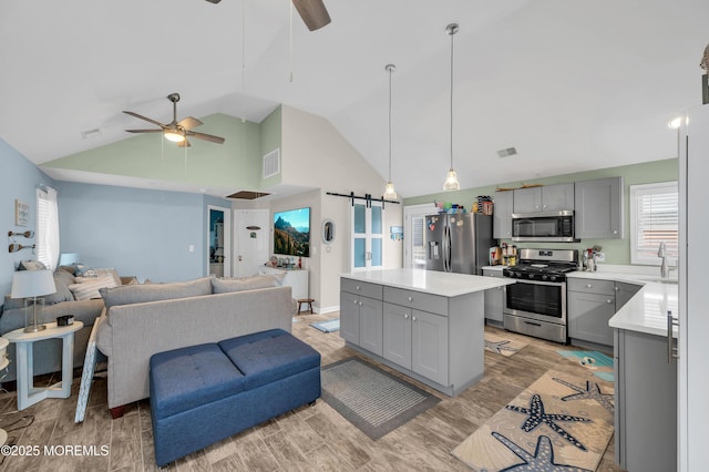 kitchen with gray cabinetry, hanging light fixtures, stainless steel appliances, a kitchen island, and a barn door