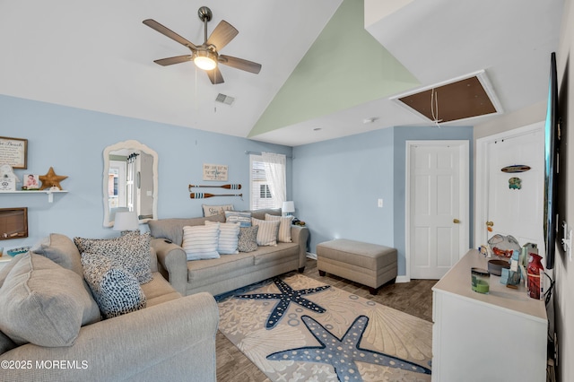 living room featuring hardwood / wood-style flooring, high vaulted ceiling, and ceiling fan