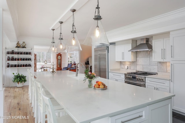 kitchen with white cabinets, premium appliances, decorative backsplash, a large island, and wall chimney exhaust hood