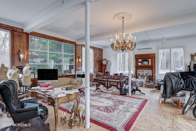 home office featuring crown molding, an AC wall unit, a notable chandelier, and a wealth of natural light