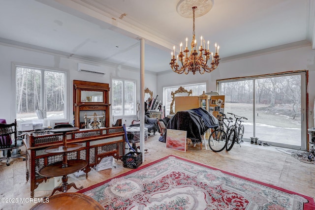 office featuring crown molding, a wall mounted AC, and a notable chandelier