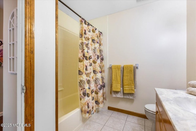 full bathroom featuring vanity, shower / bathtub combination with curtain, tile patterned floors, and toilet