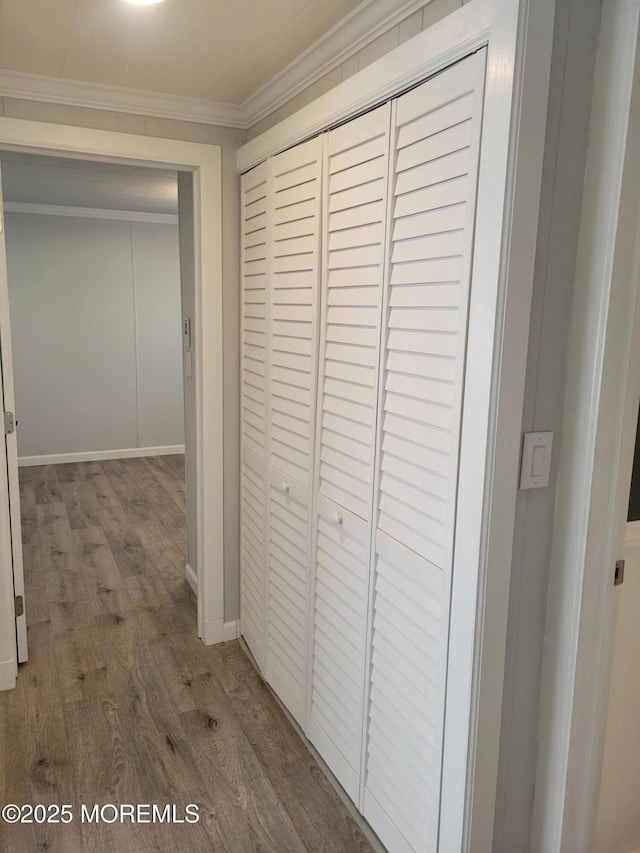 hall featuring hardwood / wood-style flooring and crown molding