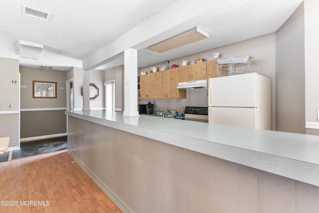 131 Douglas Dr, Jackson, NJ 08527 - kitchen featuring freestanding refrigerator, stainless steel electric range, under cabinet range hood, light wood-style flooring, and a textured ceiling