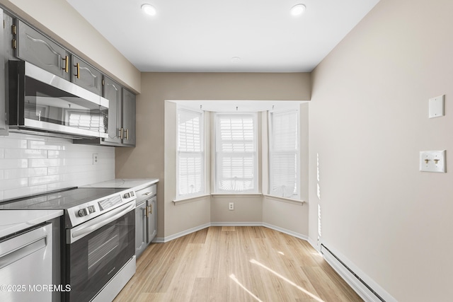 kitchen with a baseboard radiator, stainless steel appliances, light wood-type flooring, and backsplash