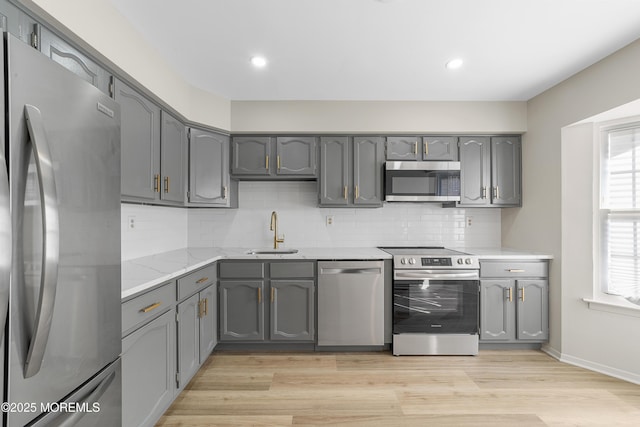 kitchen featuring tasteful backsplash, appliances with stainless steel finishes, sink, and gray cabinetry