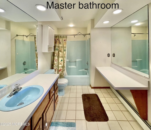 full bathroom with toilet, vanity, shower / bath combination with curtain, tile patterned flooring, and a baseboard heating unit