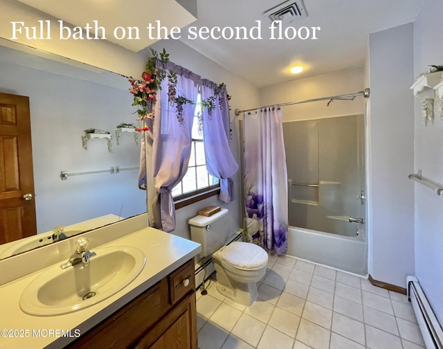 full bathroom with toilet, tile patterned floors, baseboard heating, and shower / bath combo with shower curtain