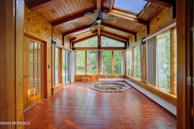 705 Princeton Rd, Lanoka Harbor, NJ 08734 - unfurnished sunroom with plenty of natural light, wood ceiling, a skylight, french doors, and a baseboard radiator