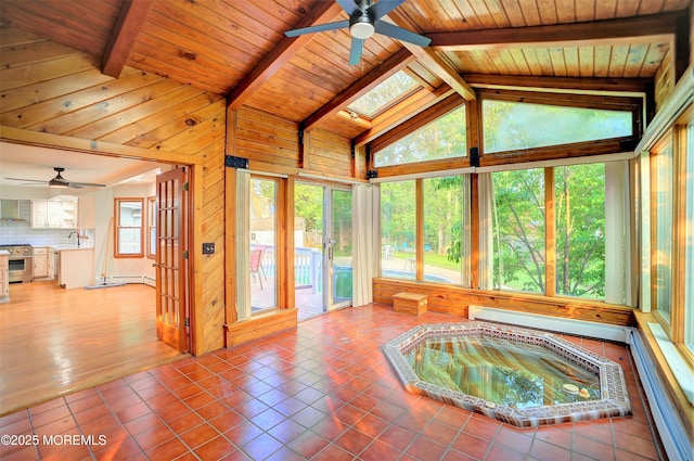 705 Princeton Rd, Lanoka Harbor, NJ 08734 - unfurnished sunroom with a hot tub, tile patterned floors, a skylight, a sink, and wood ceiling