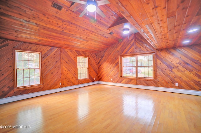 705 Princeton Rd, Lanoka Harbor, NJ 08734 - empty room featuring wooden ceiling, wood finished floors, a ceiling fan, wood walls, and a baseboard heating unit