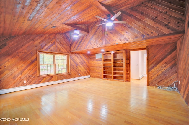 705 Princeton Rd, Lanoka Harbor, NJ 08734 - unfurnished living room with wood walls, a baseboard radiator, wood finished floors, wooden ceiling with exposed beams, and ceiling fan