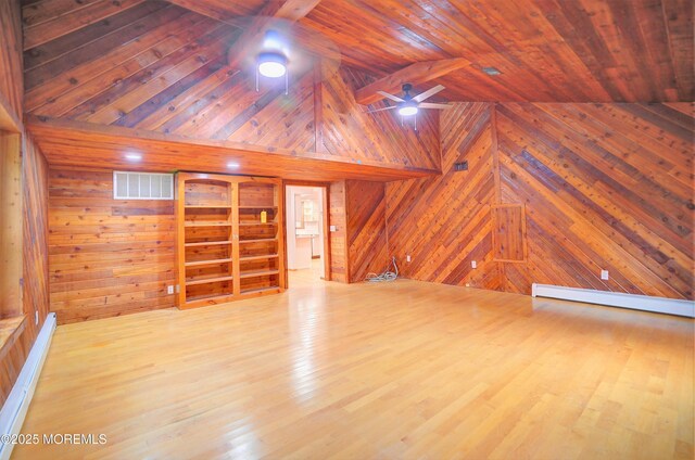 705 Princeton Rd, Lanoka Harbor, NJ 08734 - unfurnished living room with wood walls, a baseboard heating unit, wooden ceiling, wood finished floors, and lofted ceiling