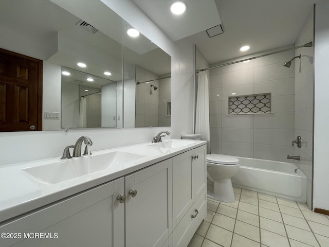 705 Princeton Rd, Lanoka Harbor, NJ 08734 - bathroom featuring tile patterned floors, double vanity, toilet, shower / bath combination with curtain, and recessed lighting