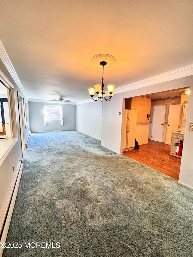 unfurnished living room with carpet floors, a baseboard radiator, and ornamental molding