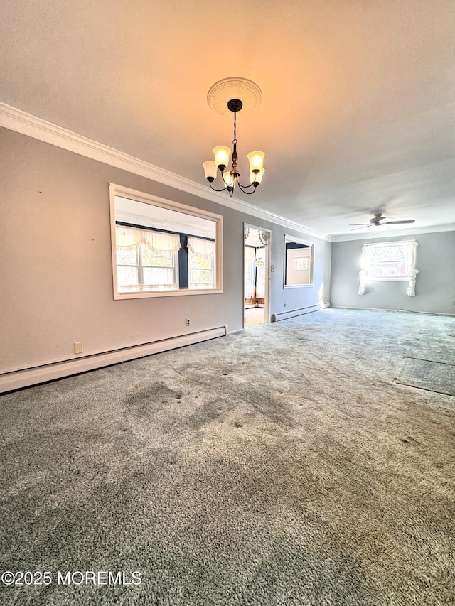 empty room featuring crown molding, carpet floors, ceiling fan with notable chandelier, and baseboard heating