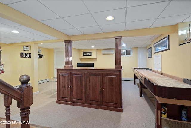 rec room featuring light carpet, a wall mounted air conditioner, and baseboard heating