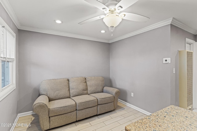 living area featuring baseboards, ceiling fan, ornamental molding, wood tiled floor, and recessed lighting