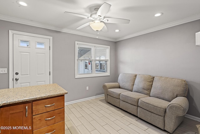 living room featuring ceiling fan, light wood-style flooring, recessed lighting, baseboards, and crown molding