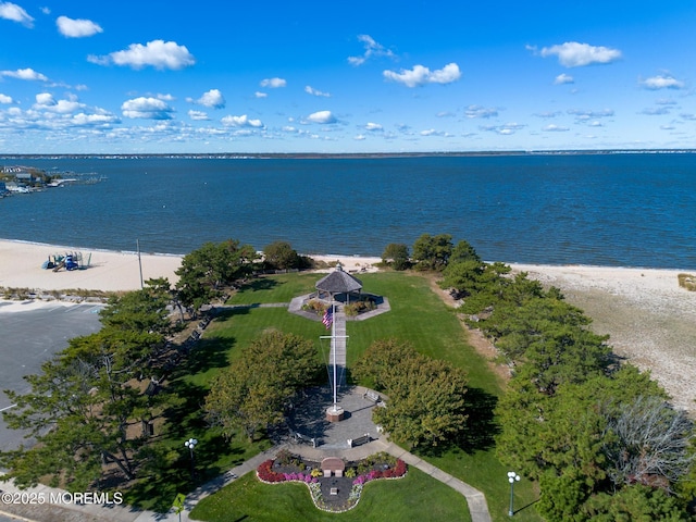 aerial view with a water view and a view of the beach