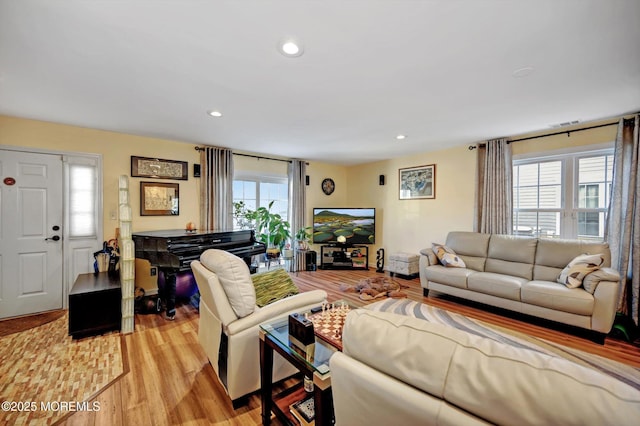 living room with a healthy amount of sunlight and light hardwood / wood-style floors