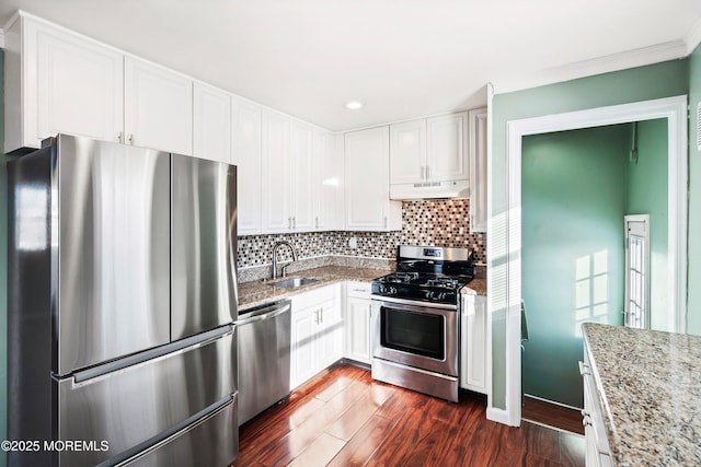 kitchen with sink, appliances with stainless steel finishes, white cabinetry, light stone counters, and dark hardwood / wood-style flooring