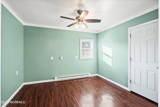 unfurnished room with a baseboard radiator, crown molding, ceiling fan, and dark hardwood / wood-style flooring