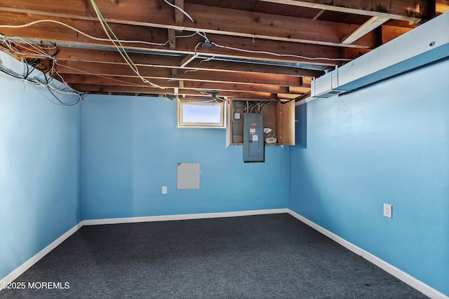 basement with carpet flooring and electric panel