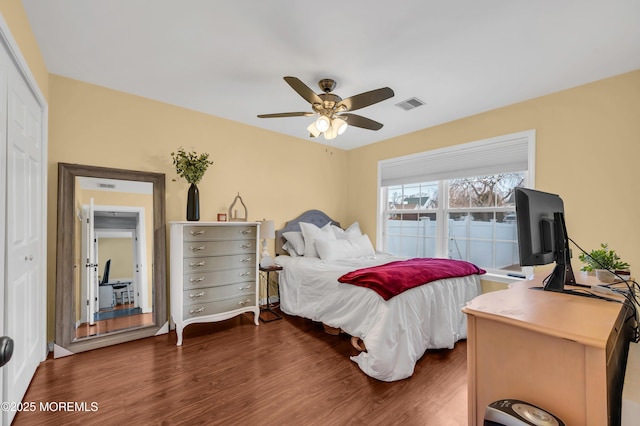 bedroom with dark hardwood / wood-style flooring, ceiling fan, and a closet