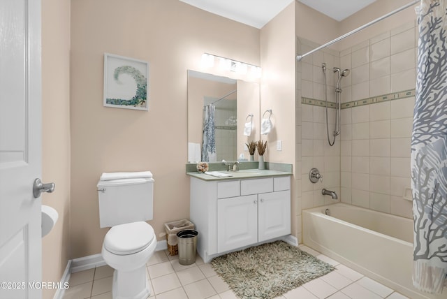 full bathroom with vanity, tile patterned floors, toilet, and shower / bathtub combination with curtain