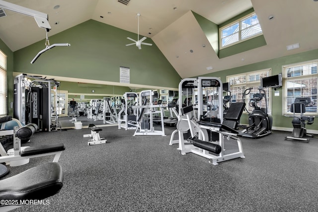 exercise room featuring plenty of natural light, high vaulted ceiling, and ceiling fan