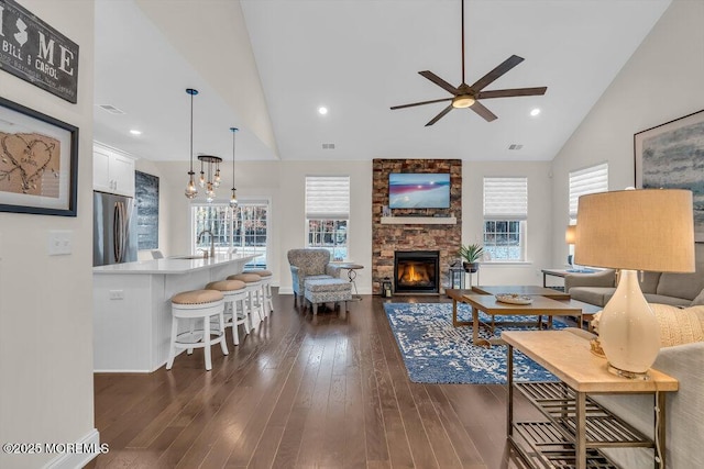 living room with a fireplace, plenty of natural light, dark hardwood / wood-style flooring, and sink