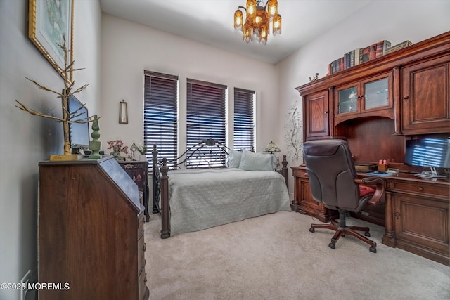 bedroom with light carpet and an inviting chandelier