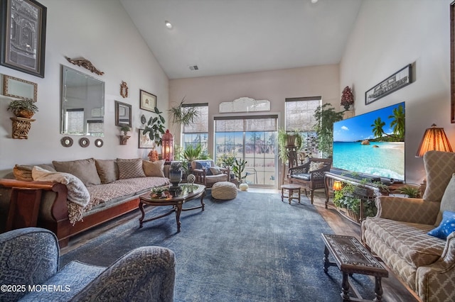 living room featuring high vaulted ceiling