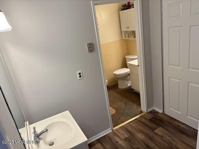 bathroom with hardwood / wood-style flooring, vanity, and toilet