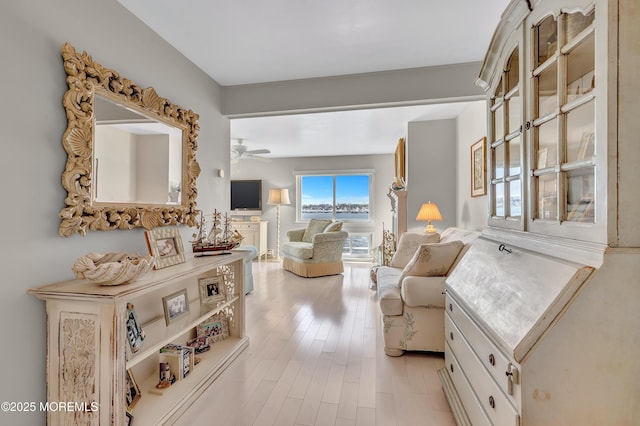 living area featuring ceiling fan and light hardwood / wood-style floors