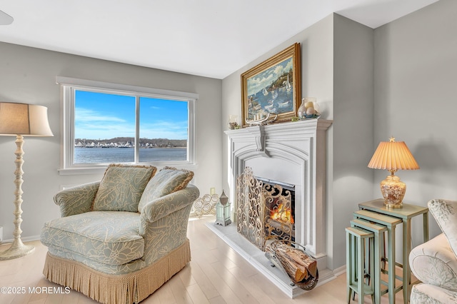 sitting room featuring light hardwood / wood-style floors and a water view