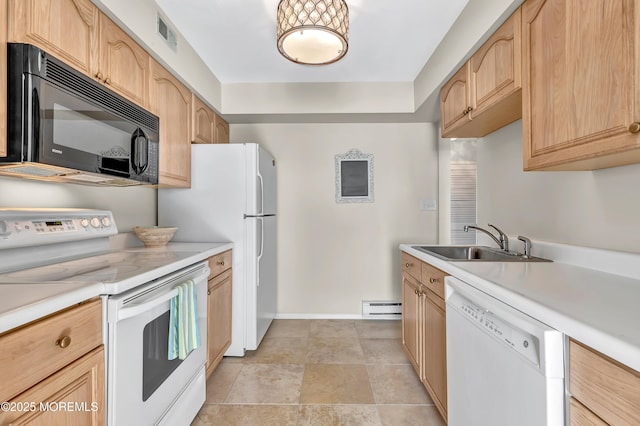 kitchen with sink, light brown cabinets, white appliances, and baseboard heating