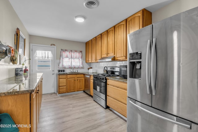 kitchen with sink, light hardwood / wood-style flooring, appliances with stainless steel finishes, dark stone countertops, and decorative backsplash